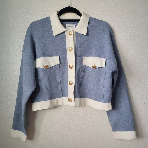 Sandro Polo Collar Knit Top Long Sleeve Contrasting Short Cardigan Top Size 1 - Picture 2 of 11